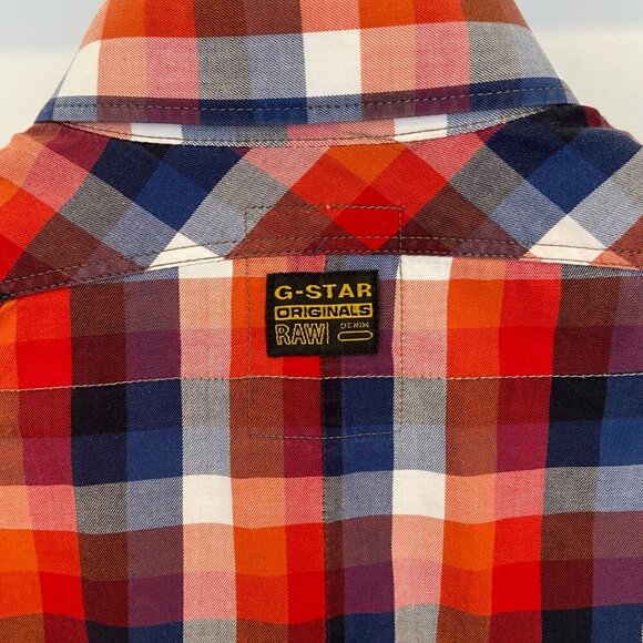 G-Star Raw Men’s Red Blue Plaid Button-Up Shirt Epaulets Size M Streetwear - Picture 9 of 16